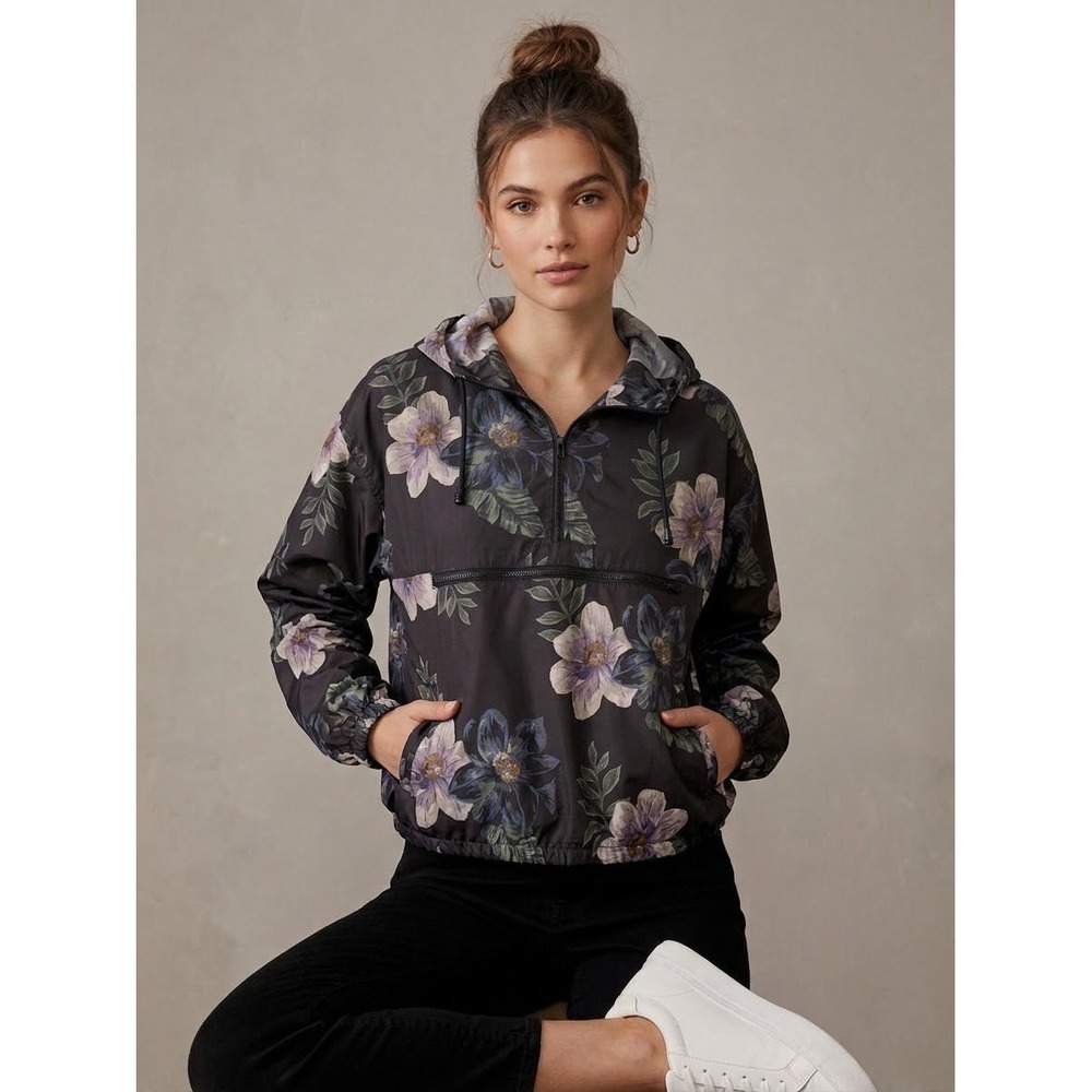 Thread & Supply Women Floral Quarter Zip Windbreaker Anorak Jacket Black Medium